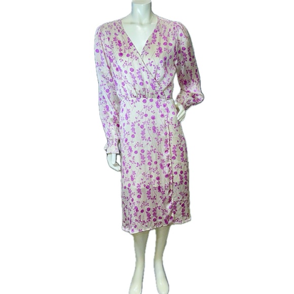 ππΈ BISHOP + YOUNGβ Floral Wrap Midi Dress Lavender Ivory Long Sleeve l Sz M - Picture 1 of 9